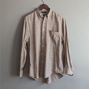Nautica Size Medium Vintage Button Down Shirt Mens BrownPlaid Check Crest Green